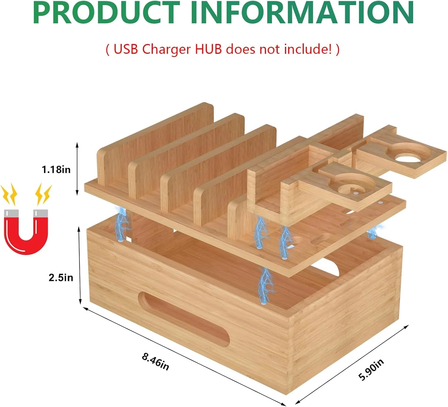 Bamboo Charging Stations for Multi Devices, Wood Desktop Docking Station Charger Organizer for Cell Phones, Tablets, Earphones, Watch (Includes 6 Charging Cables) (No Power Supply)