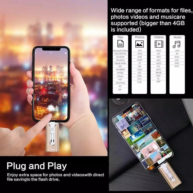 4 in 1 USB Flash Drive 64GB/128GB/256GB/512GB/1TB, High Speed USB 3.0 Memory Stick for Iphone & Type-C & Android Phones, PC, Multi-Purpose Photo Stick Thumb Drive Pendrive