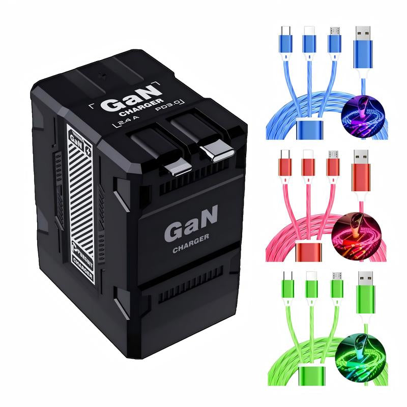 BFCM Gan Charger with Retractable Usb-C&Lightning Cable Folding Plug,Charging Capability for Iphone Ipad&Android Charging Electronic Cellphone Smartphone