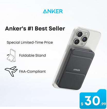 Anker Magnetic Power Bank, Built-In Foldable Stand, USB-C Port on the Side, 5,000Mah Capacity, Perfectly Compatible with Iphone 17/16/15/14/13 Series