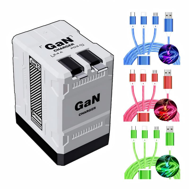 BFCM Gan Charger with Retractable Usb-C&Lightning Cable Folding Plug,Charging Capability for Iphone Ipad&Android Charging Electronic Cellphone Smartphone