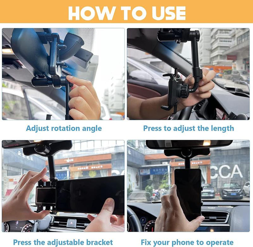 New 1080° Multi-Function Rearview Mirror Universal 360 Degree Rotating Phone Holder Suitable for Any Scene Car Holder - Rotatable and Retractable