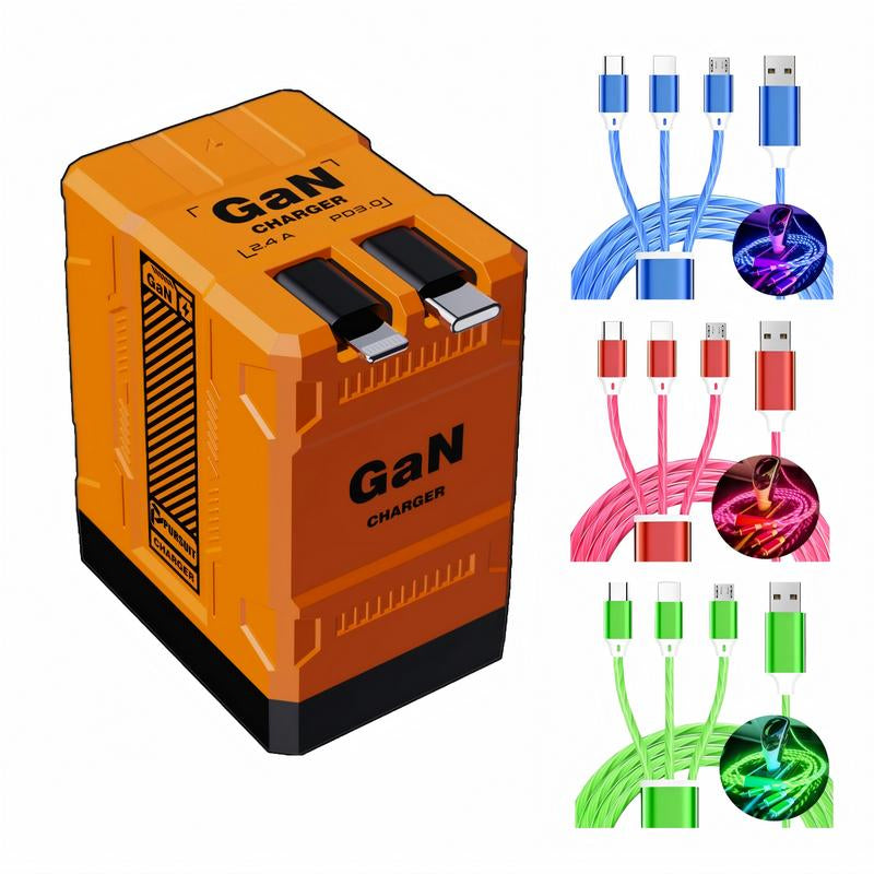 BFCM Gan Charger with Retractable Usb-C&Lightning Cable Folding Plug,Charging Capability for Iphone Ipad&Android Charging Electronic Cellphone Smartphone