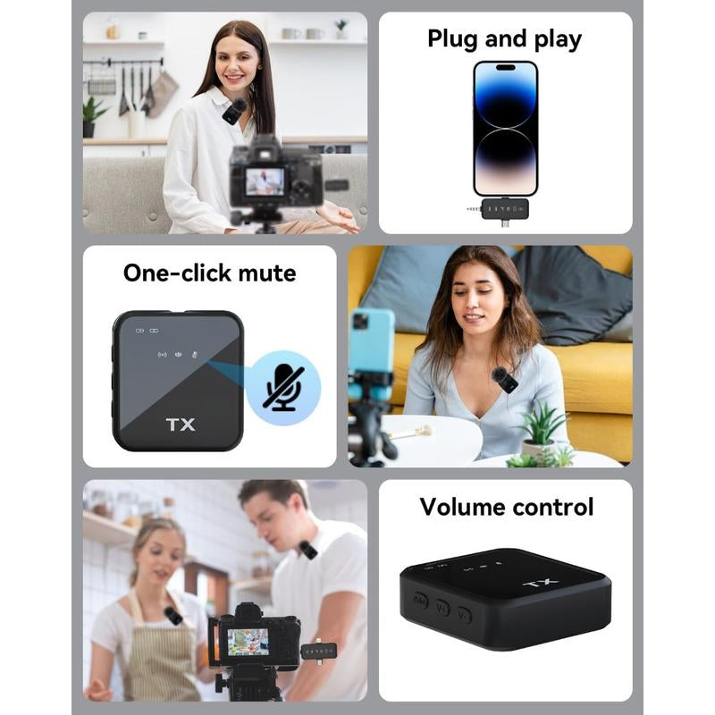 3 in 1 Wireless Lavalier Microphone for Iphone, Android and Camera - 328Ft Transmission - 18H Battery Life - Mini Microphone for Recording Interviews and Vlogs