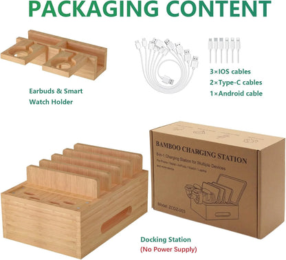 Bamboo Charging Stations for Multi Devices, Wood Desktop Docking Station Charger Organizer for Cell Phones, Tablets, Earphones, Watch (Includes 6 Charging Cables) (No Power Supply)