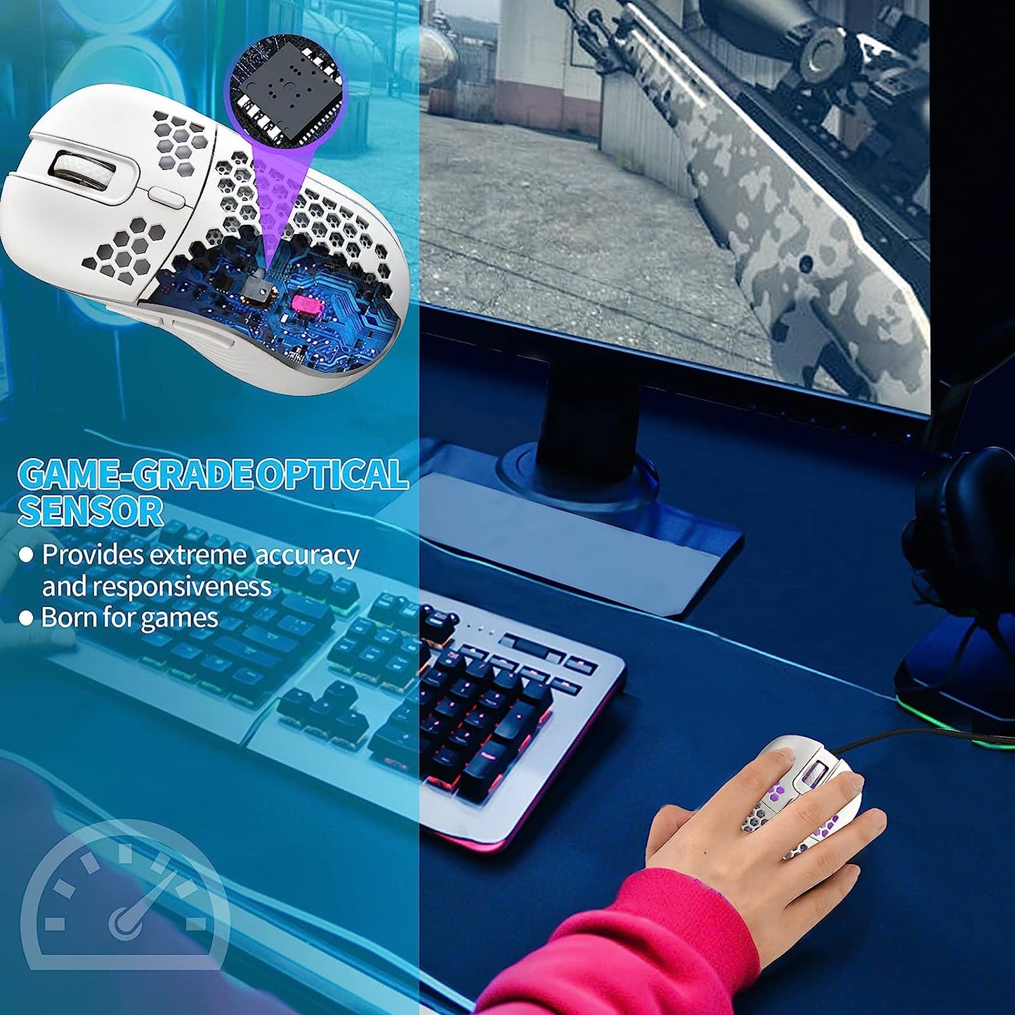 Honeycomb Wired Gaming Mouse with RGB On/Off Switch, 7200 Adjustable DPI, Ergonomic Lightweight Design & High Precision Sensor for Pc/Mac Gamers (White)