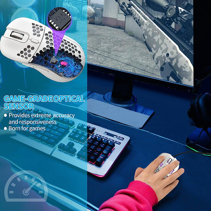 Honeycomb Wired Gaming Mouse with RGB On/Off Switch, 7200 Adjustable DPI, Ergonomic Lightweight Design & High Precision Sensor for Pc/Mac Gamers (White)