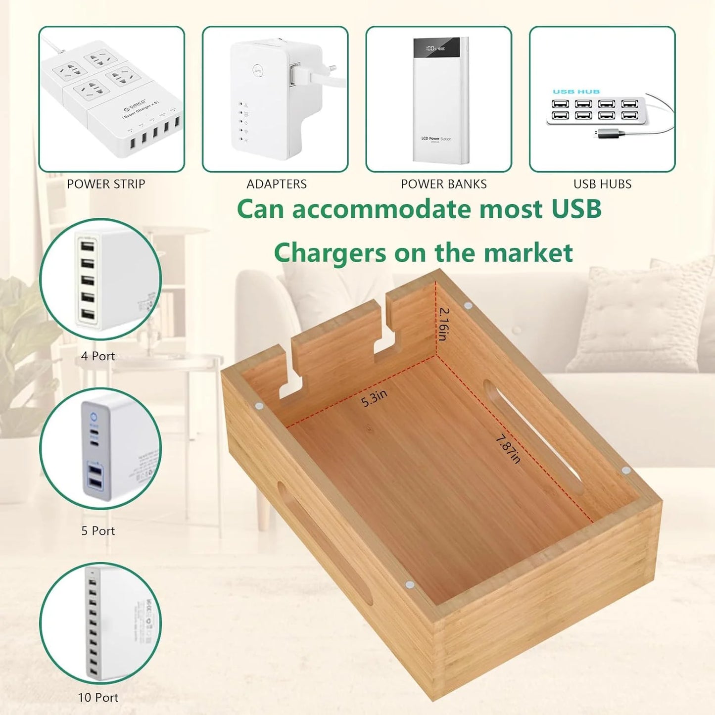 Bamboo Charging Stations for Multi Devices, Wood Desktop Docking Station Charger Organizer for Cell Phones, Tablets, Earphones, Watch (Includes 6 Charging Cables) (No Power Supply)