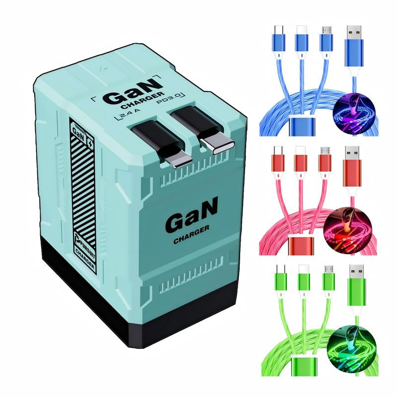 BFCM Gan Charger with Retractable Usb-C&Lightning Cable Folding Plug,Charging Capability for Iphone Ipad&Android Charging Electronic Cellphone Smartphone