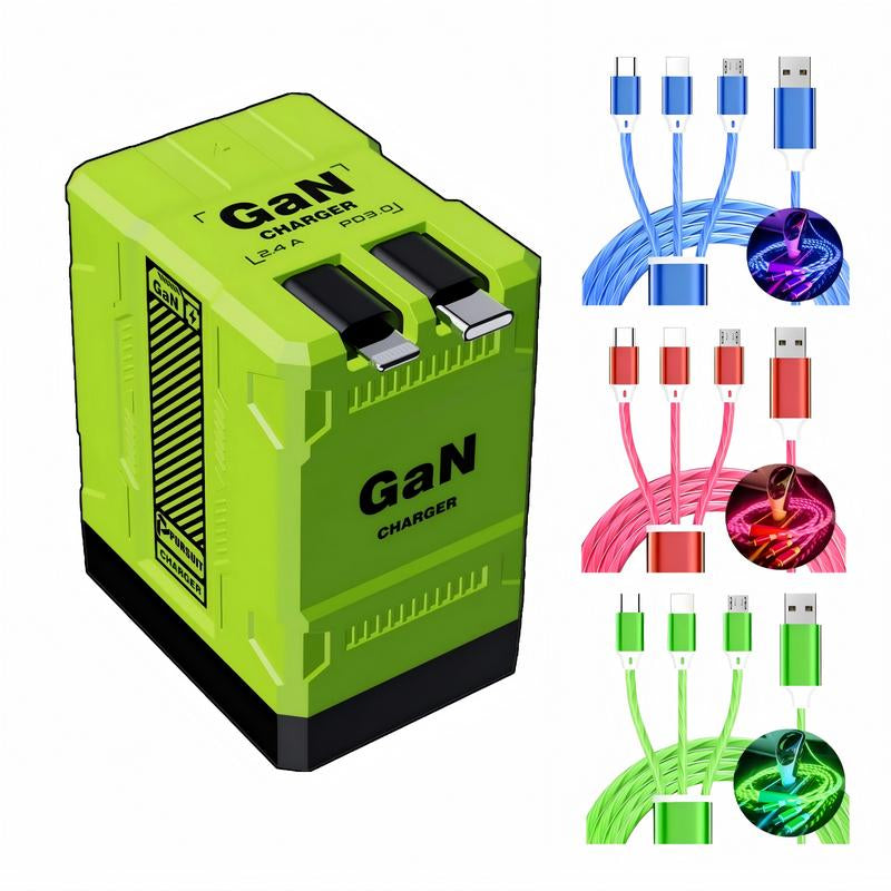 BFCM Gan Charger with Retractable Usb-C&Lightning Cable Folding Plug,Charging Capability for Iphone Ipad&Android Charging Electronic Cellphone Smartphone