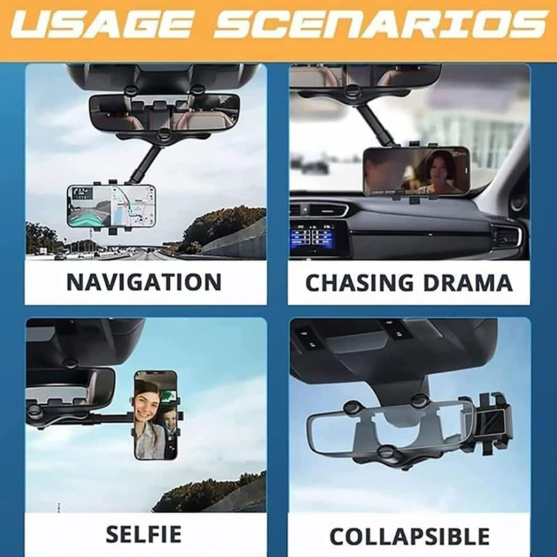 New 1080° Multi-Function Rearview Mirror Universal 360 Degree Rotating Phone Holder Suitable for Any Scene Car Holder - Rotatable and Retractable