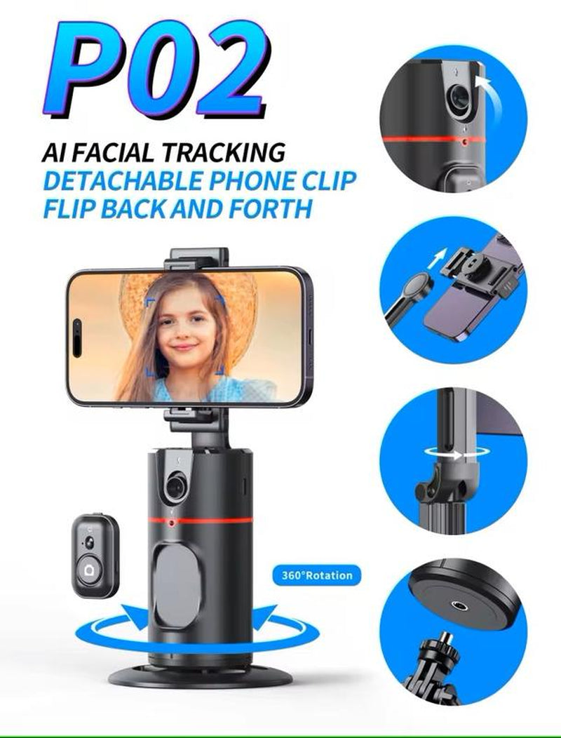 P02 Auto Face Tracking, Remote Control,360º Rotation Face Body, No App Required, Tracking Holder for Lives, Vlog Streaming Video, Rechargeable Battery Accessories Clip