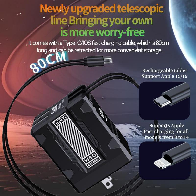 BFCM Gan Charger with Retractable Usb-C&Lightning Cable Folding Plug,Charging Capability for Iphone Ipad&Android Charging Electronic Cellphone Smartphone